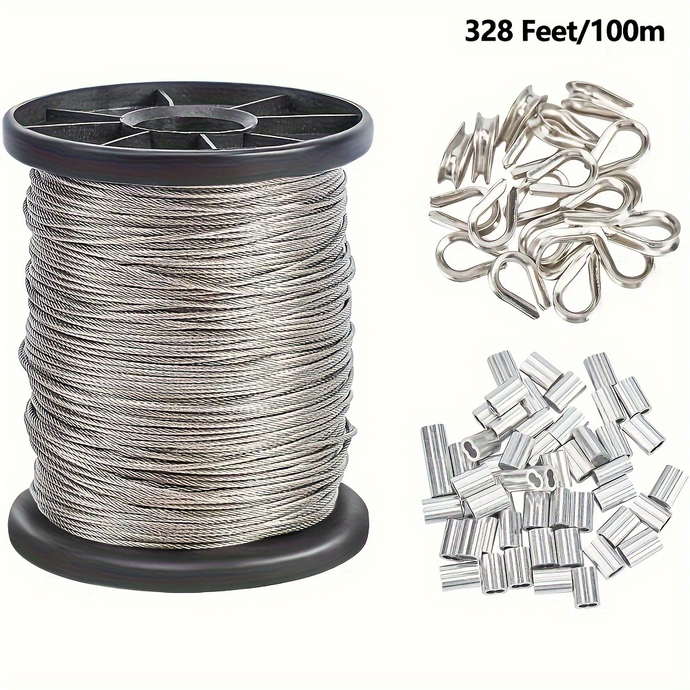 1Set 304 Stainless Steel Wire Cable 328 Ft Length 1/24 Wire Rope With 20pcs  Stainless Steel Thimble And 50pcs Aluminum Crimping Sleeves For String Lig