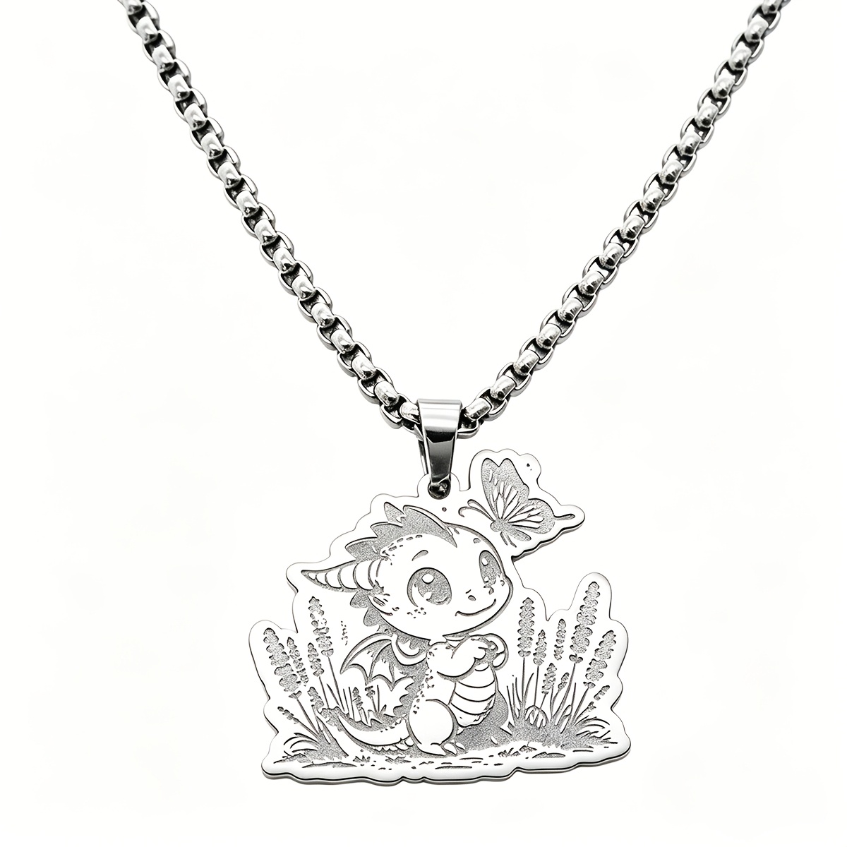 Stainless Steel Dragon with Butterfly Pendant Necklace, Fantasy Gift