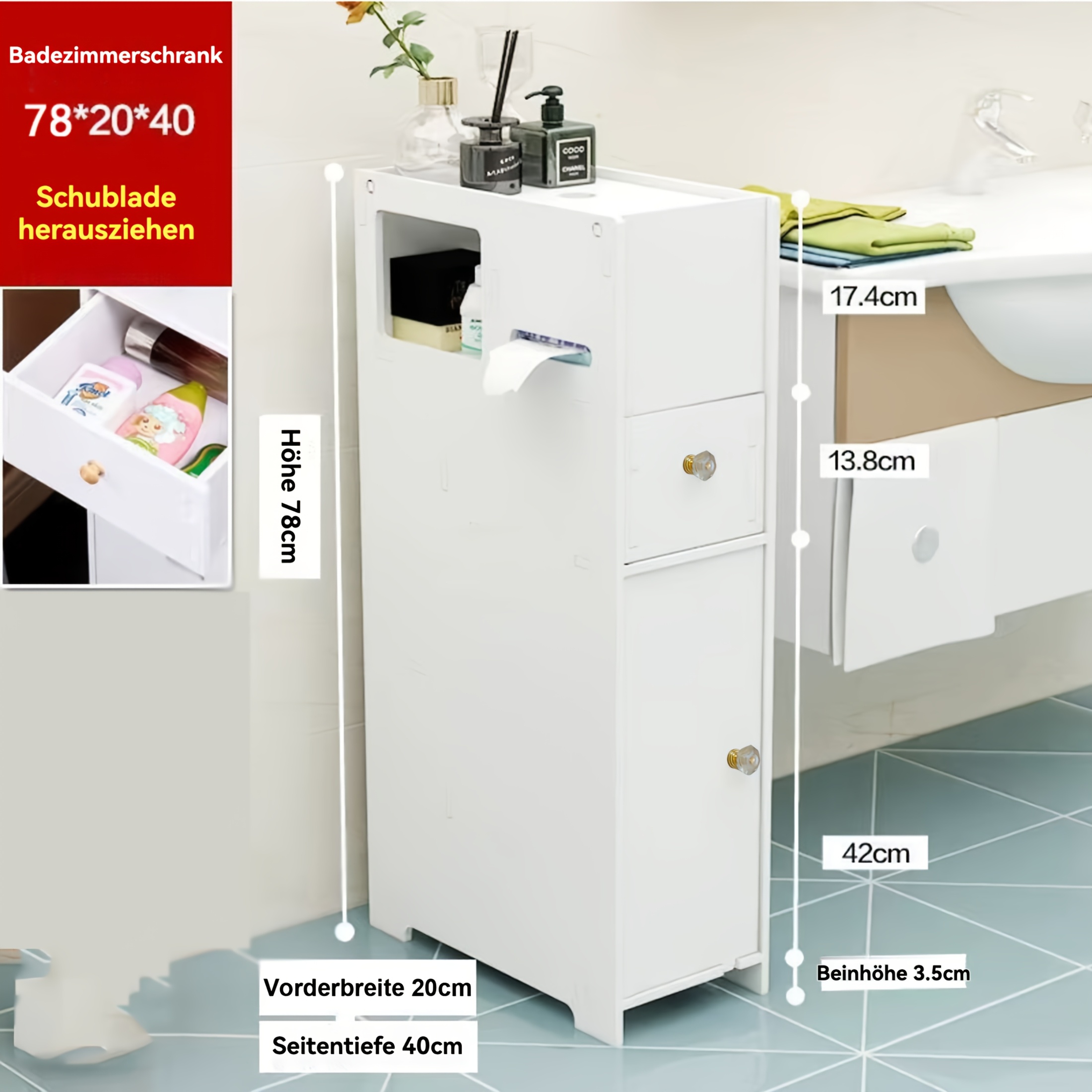 Slim Bathroom Storage Cabinet With Toilet Paper Holder, Small Narrow Floor Cabinet Modern White Bathroom Cabinet Organizer For Tissues, Towels, Toiletries 3-tier Side Cabinet, 20×40×78cm, Shelves