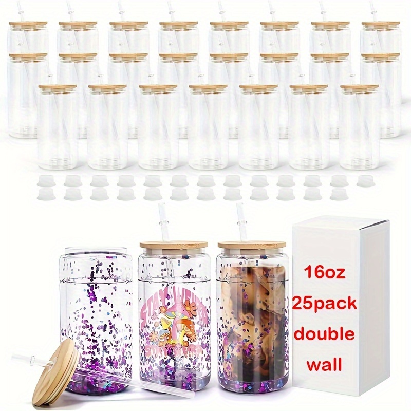 

25pcs, 16oz Sublimation Snow , 16oz Double Wall Glass Cup With Bamboo Lid, Diy For Gift, Christmas Cup, Thanksgiving , Coffee Mug, Mug