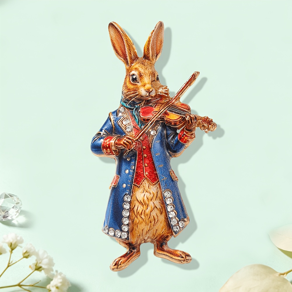 TEMU 1pc Solevdo Vintage Fairy-tale Violin-playing Rabbit Enamel Brooch, Rhinestone-inlaid Gentleman Rabbit Animal Pin, Suitable For Suits, Coats,