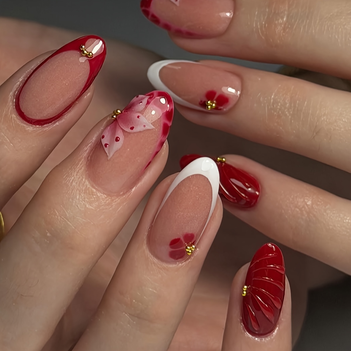 Image of 24pcs Spring/summer Nail Sticker Set, Almond-shaped Acrylic Press-on Nails, Red And White Nail Designs With 3d Floral Gel Details And Soft Gradient Floral Patterns, Accented With . The Fashion-