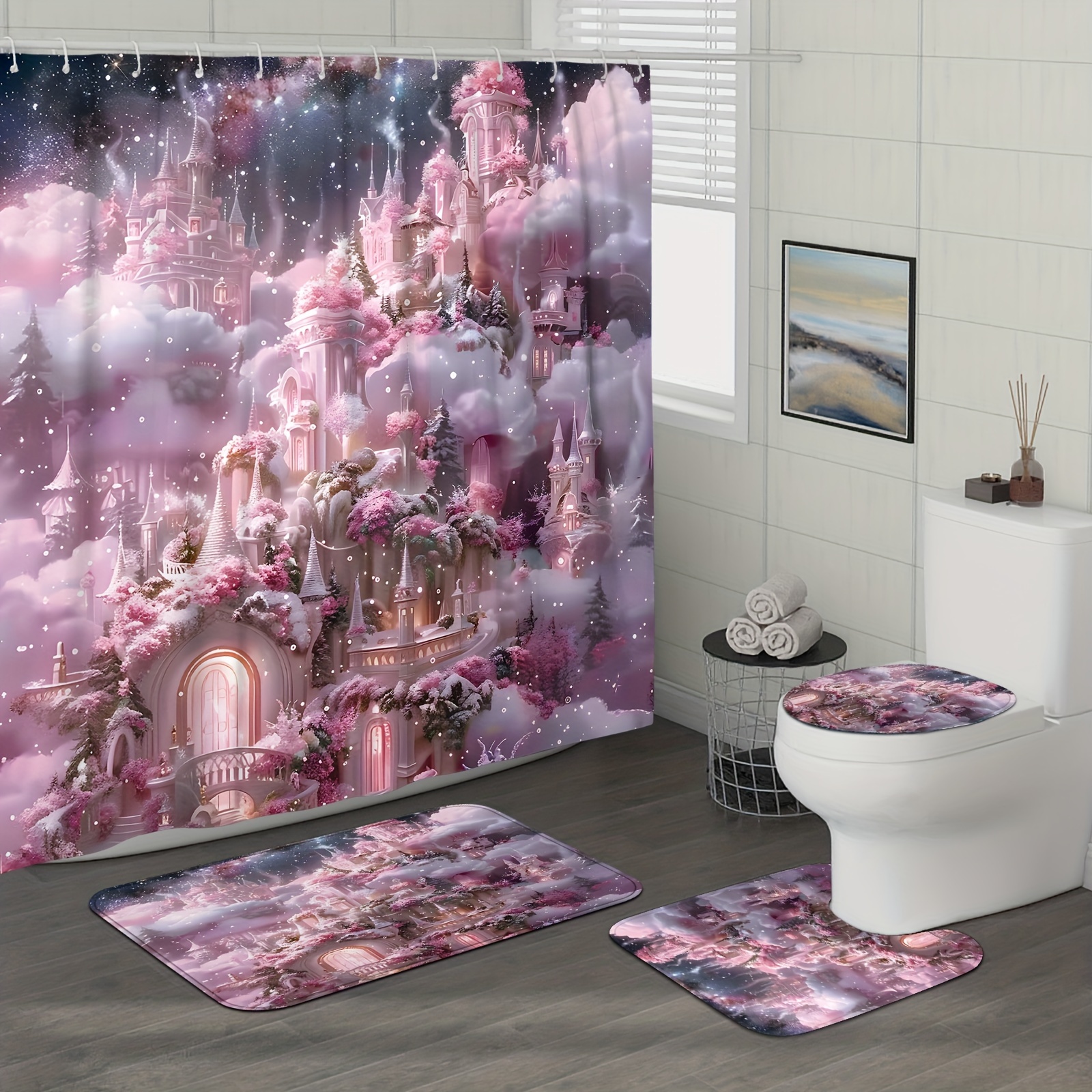 

1/4pcs Pink Castle Printed Shower Curtain Set With 12 Hooks, Decorative Partition Curtain, Toilet Cover Mat, Bathroom Non-slip Mat, U-shape Carpet, Bathroom Accessories