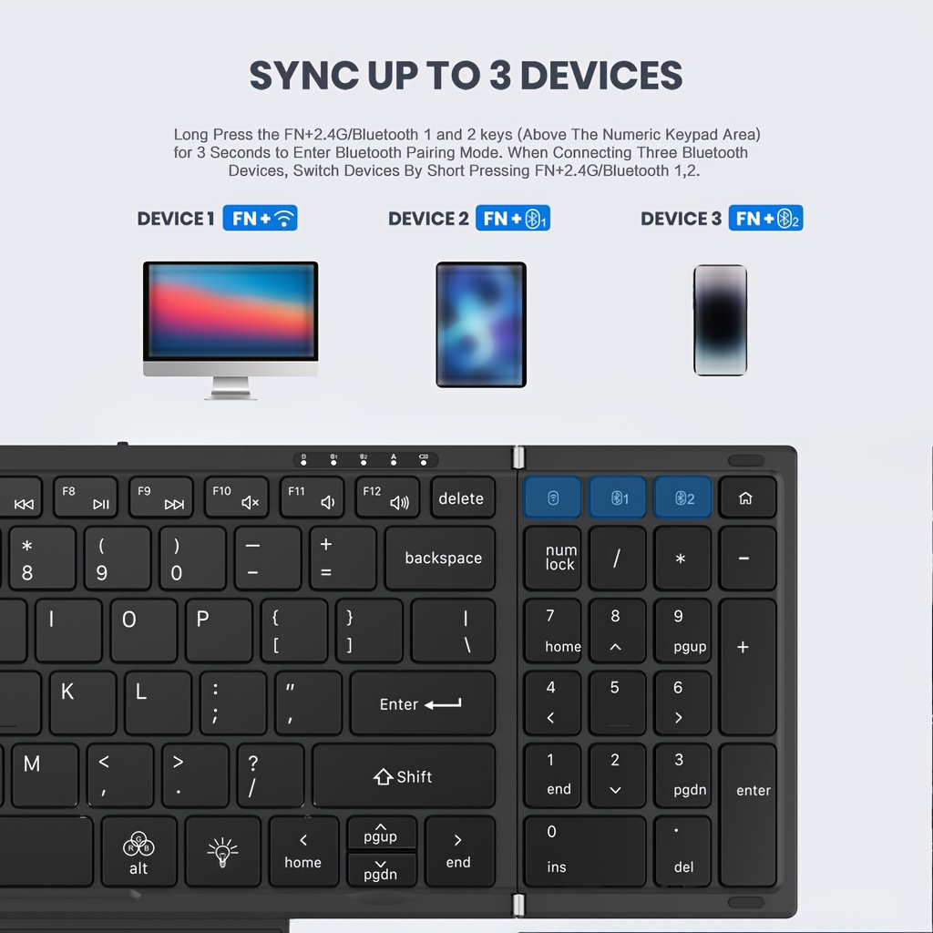 Jomaa RGB Backlit Foldable Keyboard with Wireless And USB Wireless Connectivity, Full Size with Touchpad And Numeric Keys, Rechargeable