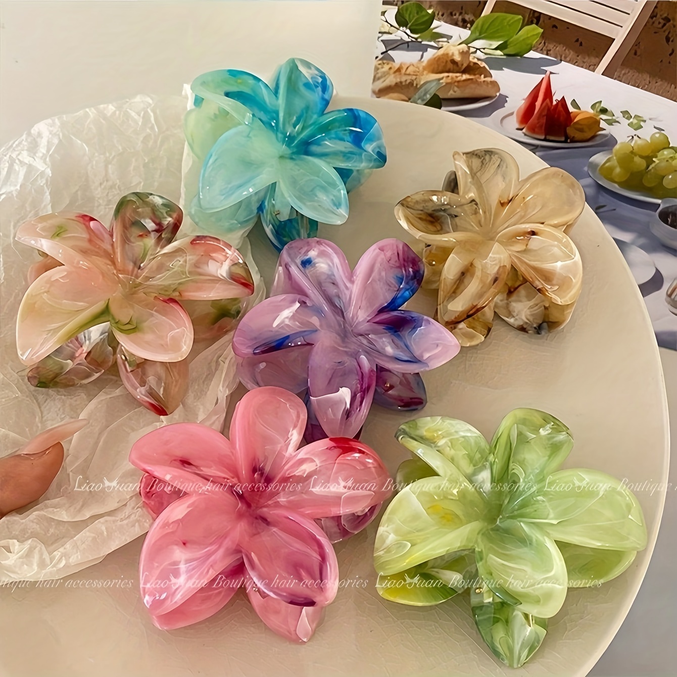 

6pcs Elegant Gradient Floral Hair Accessory Set - Includes Claw Clips & Shrimp Barrettes, Abs Plastic, Sea Beach Style, Hair Accessories, Hairpins