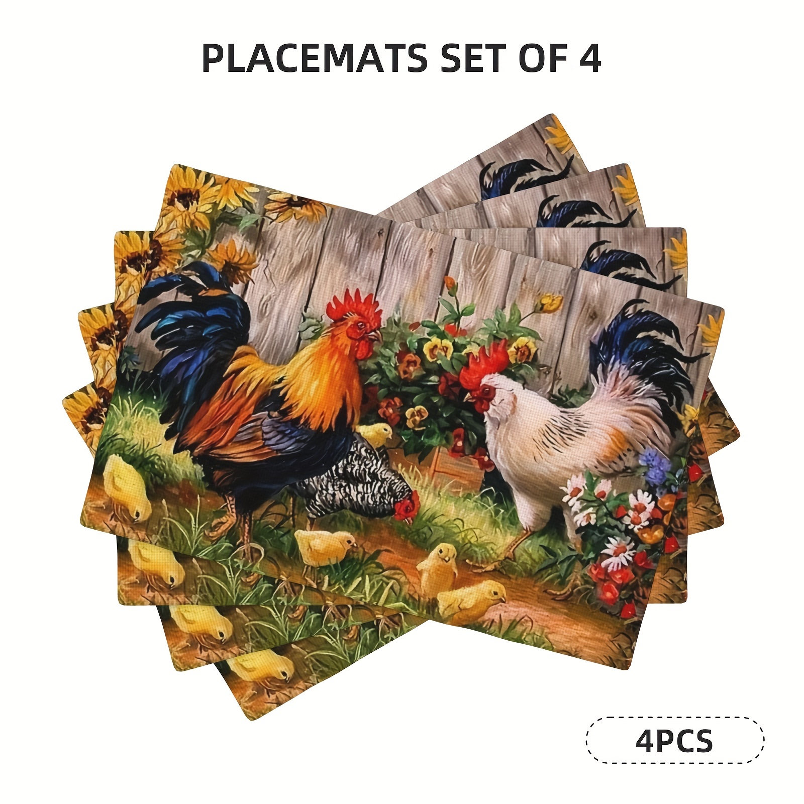 

4pcs, Rooster, Hen, Chicken Flower-themed Placemats For Restaurant Kitchen Tablecloth Mats 12x18 Inches For Party Kitchen Dining Decor, Family Party Placemats Home Decor