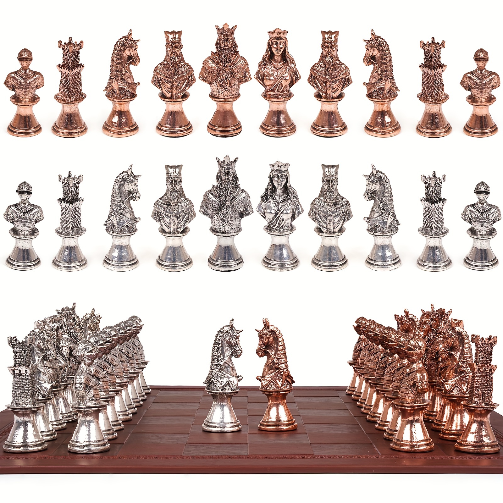 

Classic Figures Metal Chess Set For Adults Leather Chess Board With Chess Pieces Travel Chess Set With Metal Pieces Family Vintage Board Gift For Collectors And Game Enthusiasts