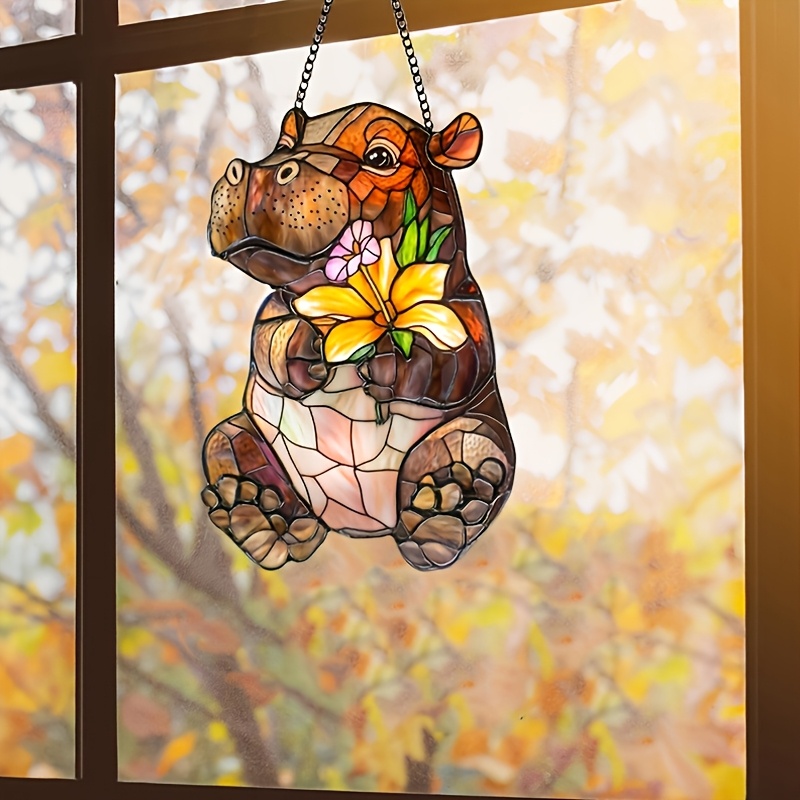 

1pc Hippo Acrylic Sun - Stained Glass-style 2d Decor With Autumnal Leaves & Flowers, Christmas, Valentine's, Thanksgiving - Easy-to-hang Window Art For Home & Garden, Outdoor Decor