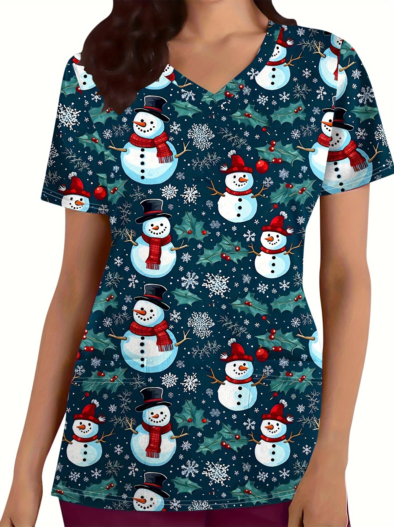 christmas snowman print v neck short sleeve t shirt women Temu
