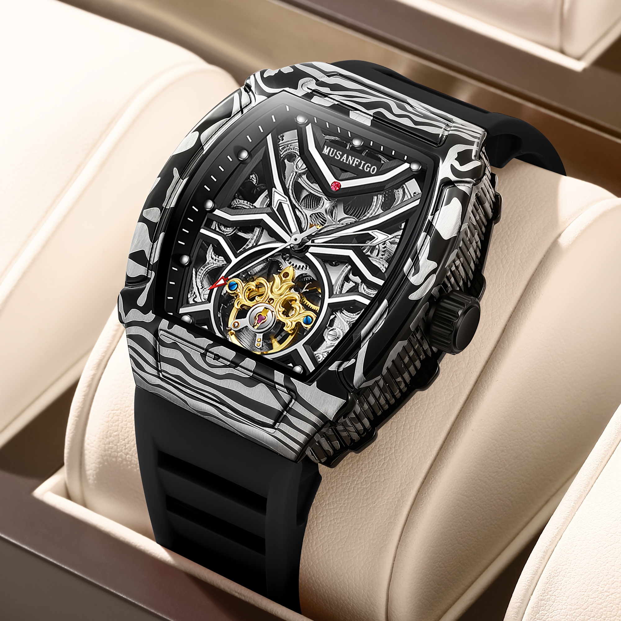 Image of Musanfigo Luxury Skeleton Automatic Wristwatch For Men, Special Pattern Tonneau Case, Sport Silicone Band Mechanical Watch