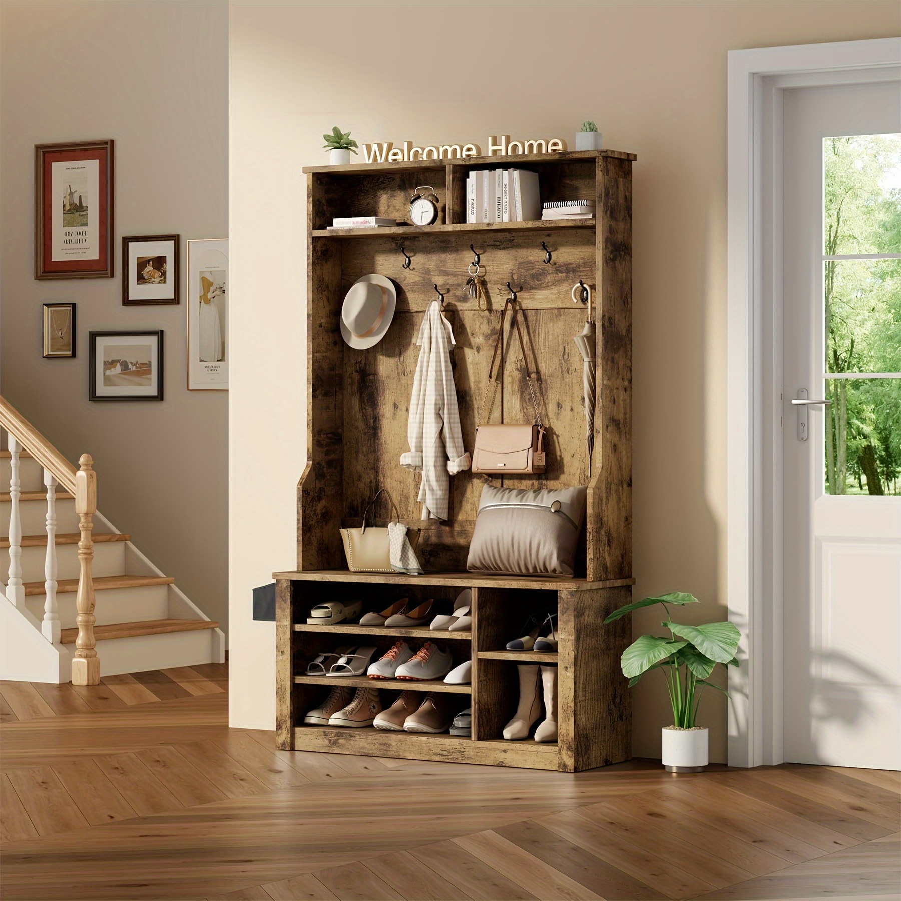 Coat Rack Shoe Bench Set Coat Rack with Shoe Storage, Storage Shoe  Cubbies with Coat Rack, Wall Mount Hall Tree with Adjustable Shelf for