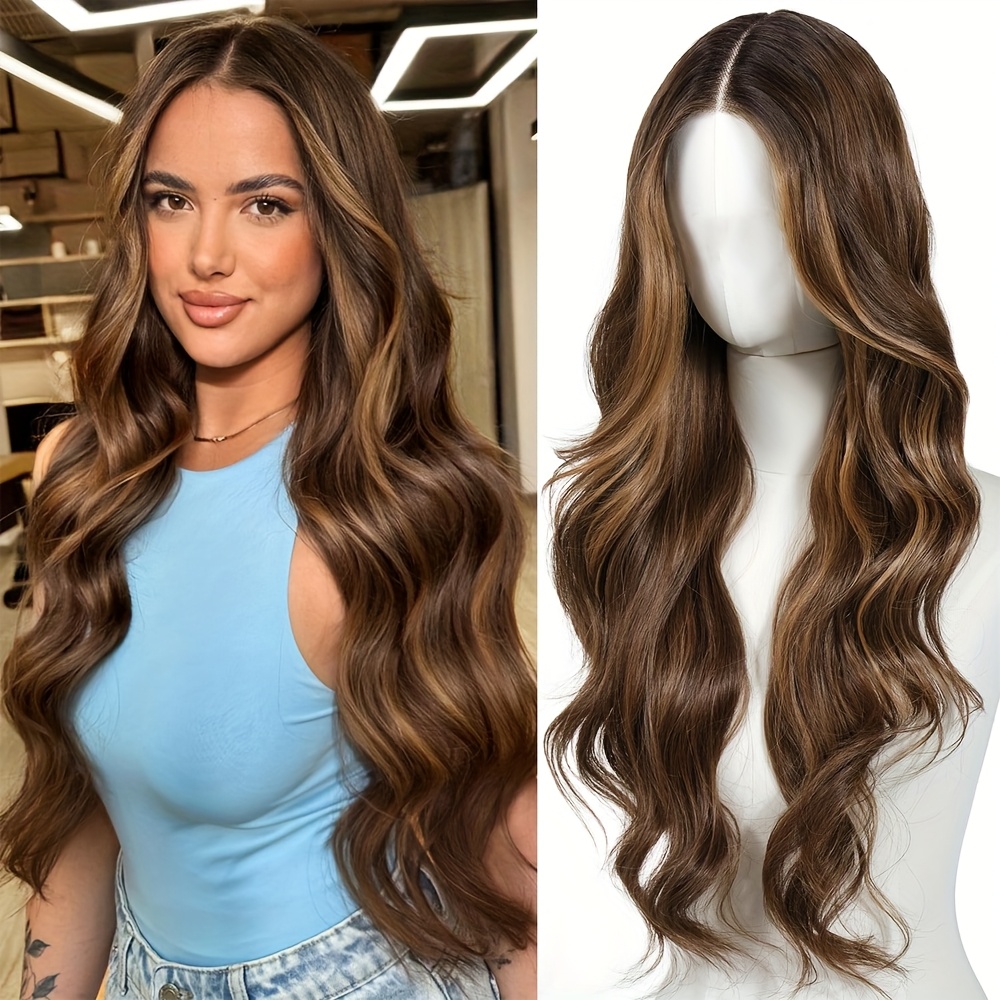TEMU Highlight Ombre Body Wave Wig 13x4 Free Part Lace Front Wig Pre-plucked Lace Heat Resistant Synthetic Fiber Wig For Women Elegant Style Fashion
