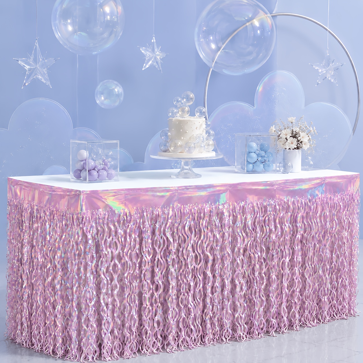 TEMU 1pc Pink Ribbon Fringe Table Skirt, Iridescent Metallic Foil Party Decoration Streamer For Birthday, Wedding, Graduation Celebration Dessert