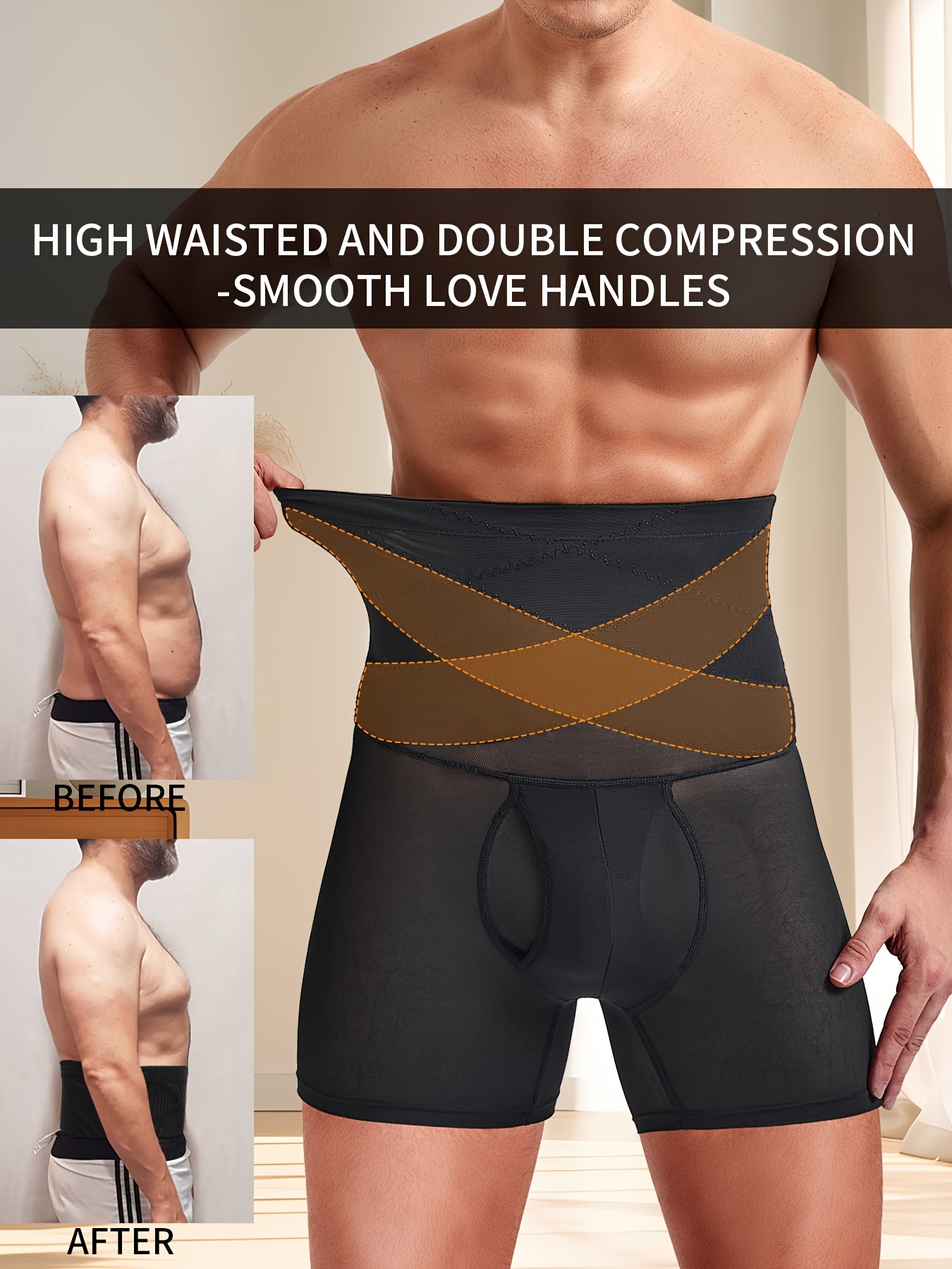 Mens Compression High Waist Boxer Shorts Tummy Slim Body Shaper