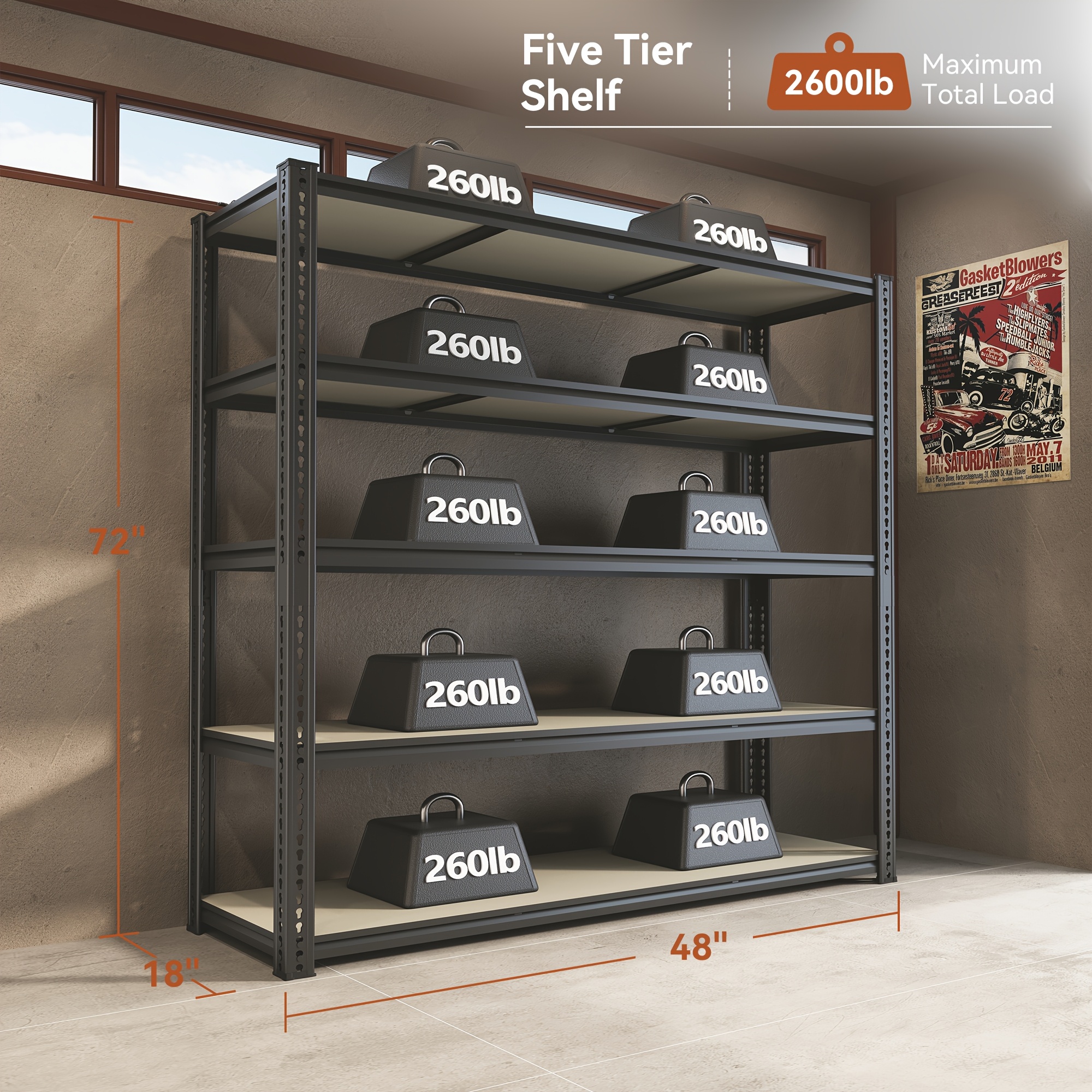 TEMU 5 Tier Heavy Duty Storage Shelves | 2600lbs Capacity, Adjustable Metal Shelves For Garage, Kitchen, Basement - 72"h X 48"w X 18"d/24"d, Black,