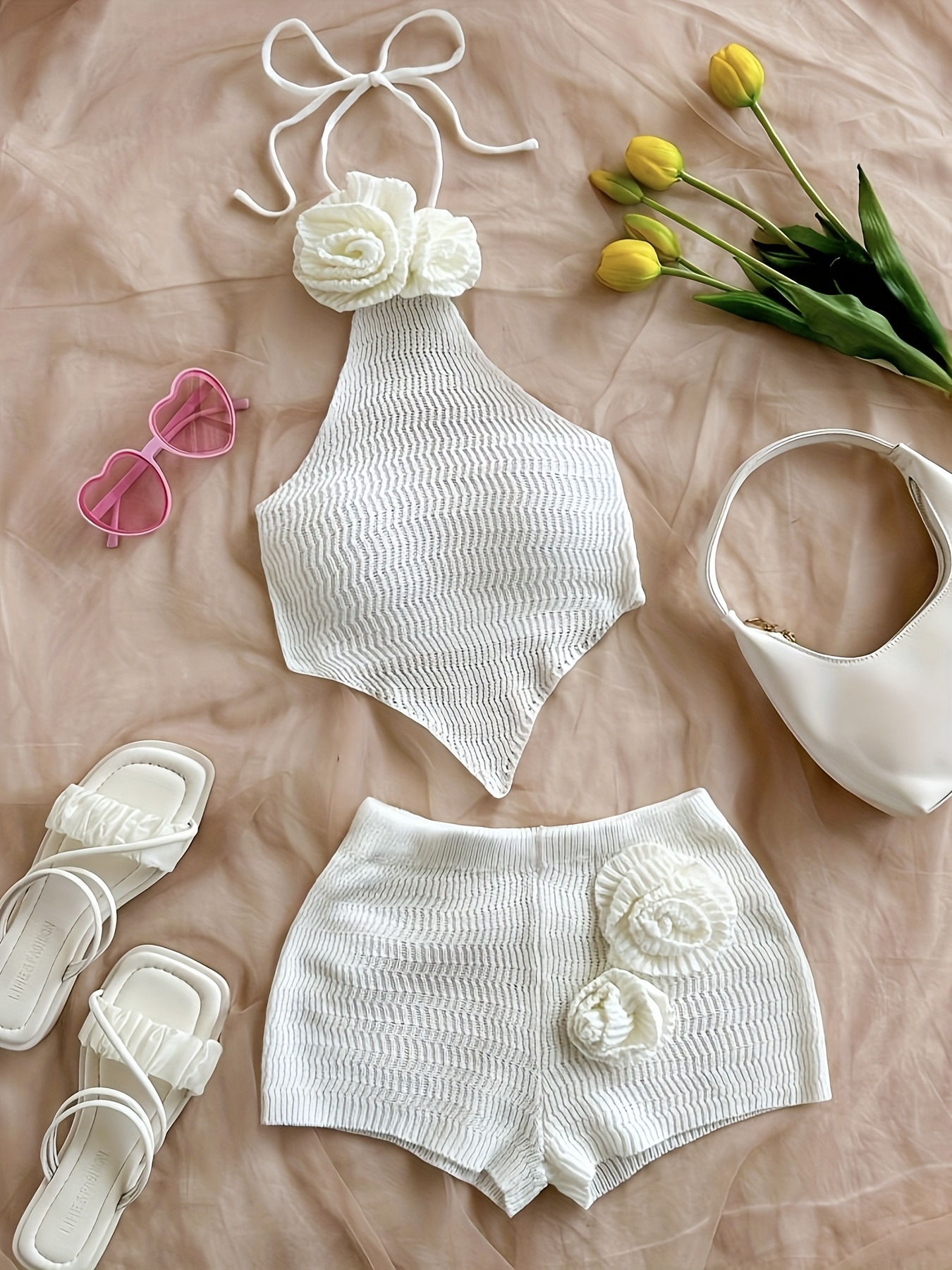 handmade 3d floral halter neck vest with   scarf   backless belly band   short shorts     fabric two piece set summer   Product details 14