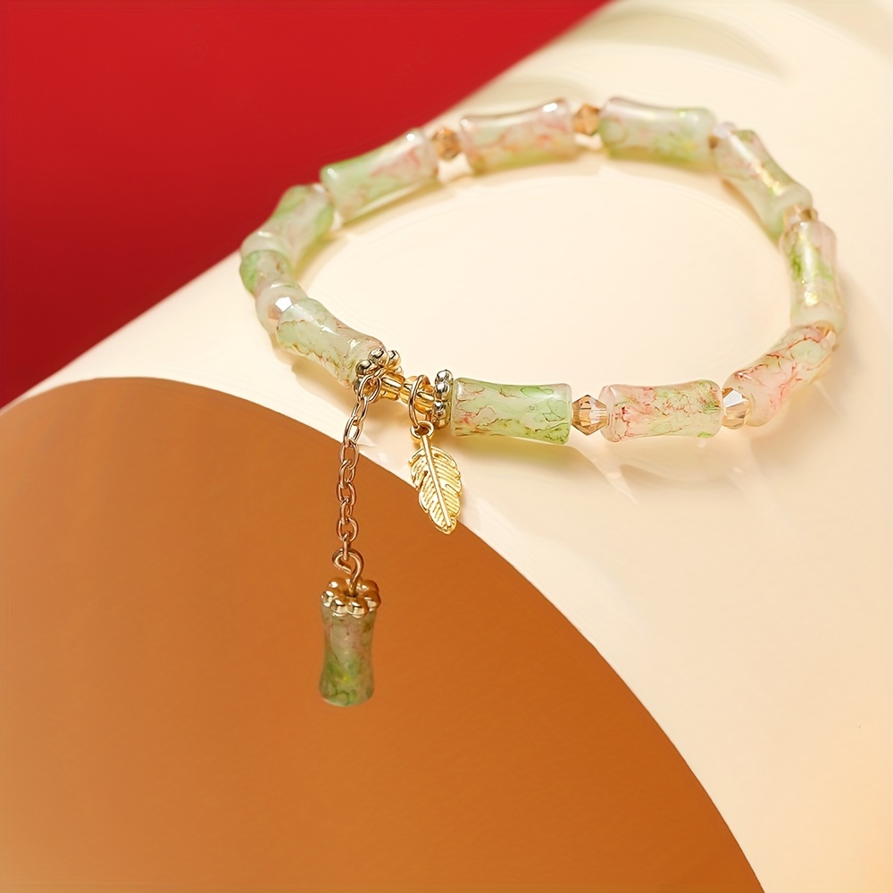 Glass Bamboo Bead Bracelet with Charm Pendant - No Plating
