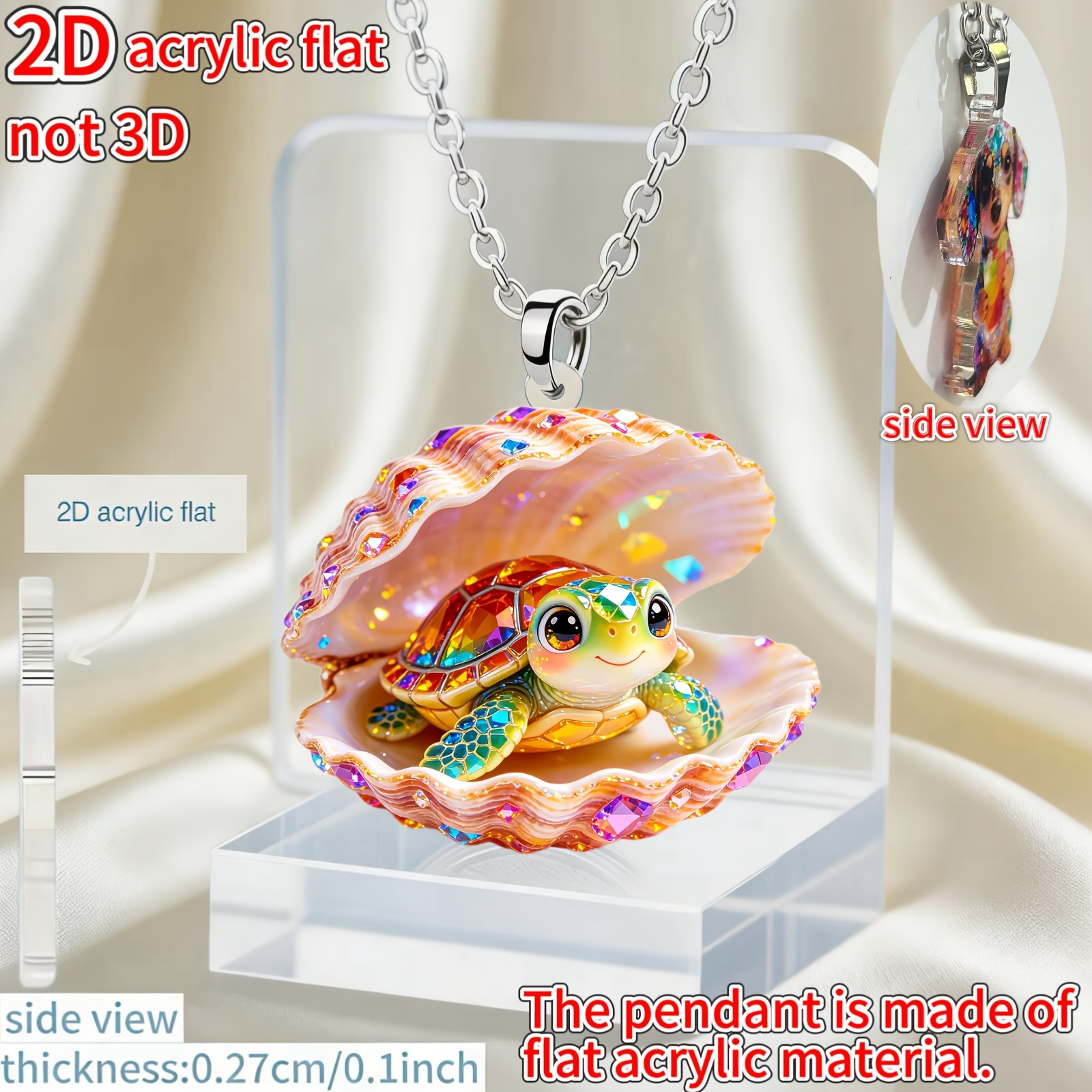 Turtle in a Seashell Acrylic Pendant Necklace, Women's Gift