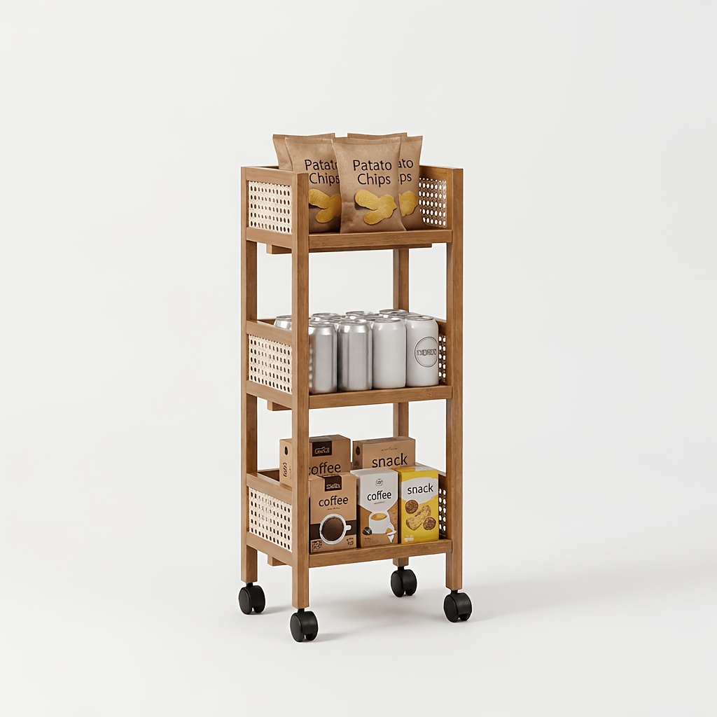 Mobile 3-tier Utility Cart With Wheels, Space- Wooden Rolling Trolley With Rattan Design, Versatile Storage Rack For Kitchen, Bathroom, Bedroom, In 35/50/70cm, Standing Shelf