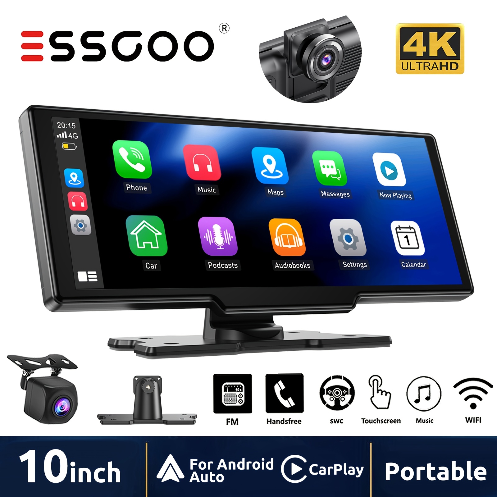 Essgoo 4k Front Dash Cam & 1080p Rear Camera With Carplay/ Auto Car Display, 26.06cm Touchscreen Display, 64gb Tf Card, Gps Navi, Wireless, Wifi