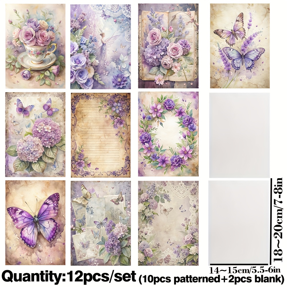 TEMU 12 Sheets Purple Floral Set Elf Semi-transparent Paper Scrapbook, Scrapbook, Handmade Material Paper Diary, Thin Diy Crafts Greeting Card Making