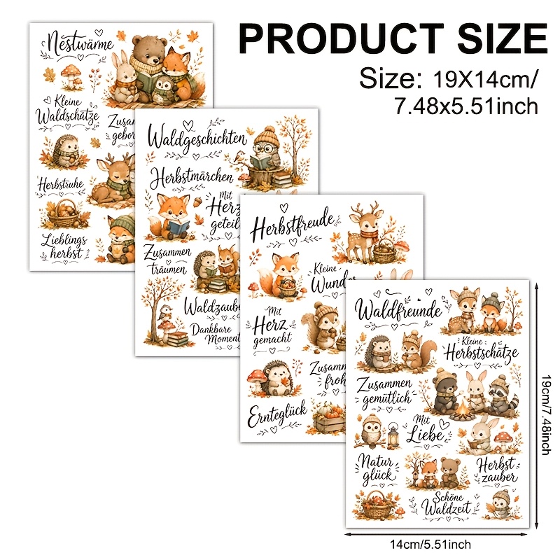 TEMU 4pcs Set, Forest Animals German Autumn Pattern, Uv Dtf Waterproof And Scratch-resistant Vinyl Material, Suitable For Diy Crafts, Cups, Bottles,