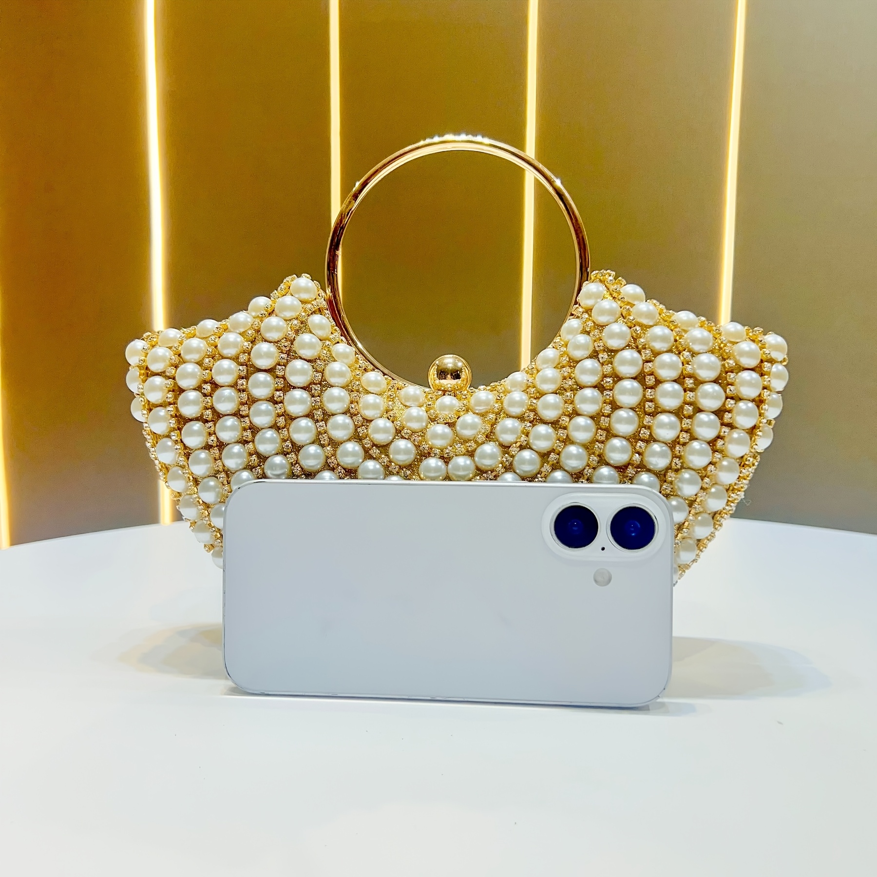Elegant Women'S Pearl-Embellished Crossbody Bag with Detachable Shoulder Strap - Golden-Tone Metallic Strap, Beaded Detail, Versatile for Weddings, Daily Outings & Formal Events - Perfect Gift for Her, Wedding Accessory, Sophisticated Style, Pearl Embellishments