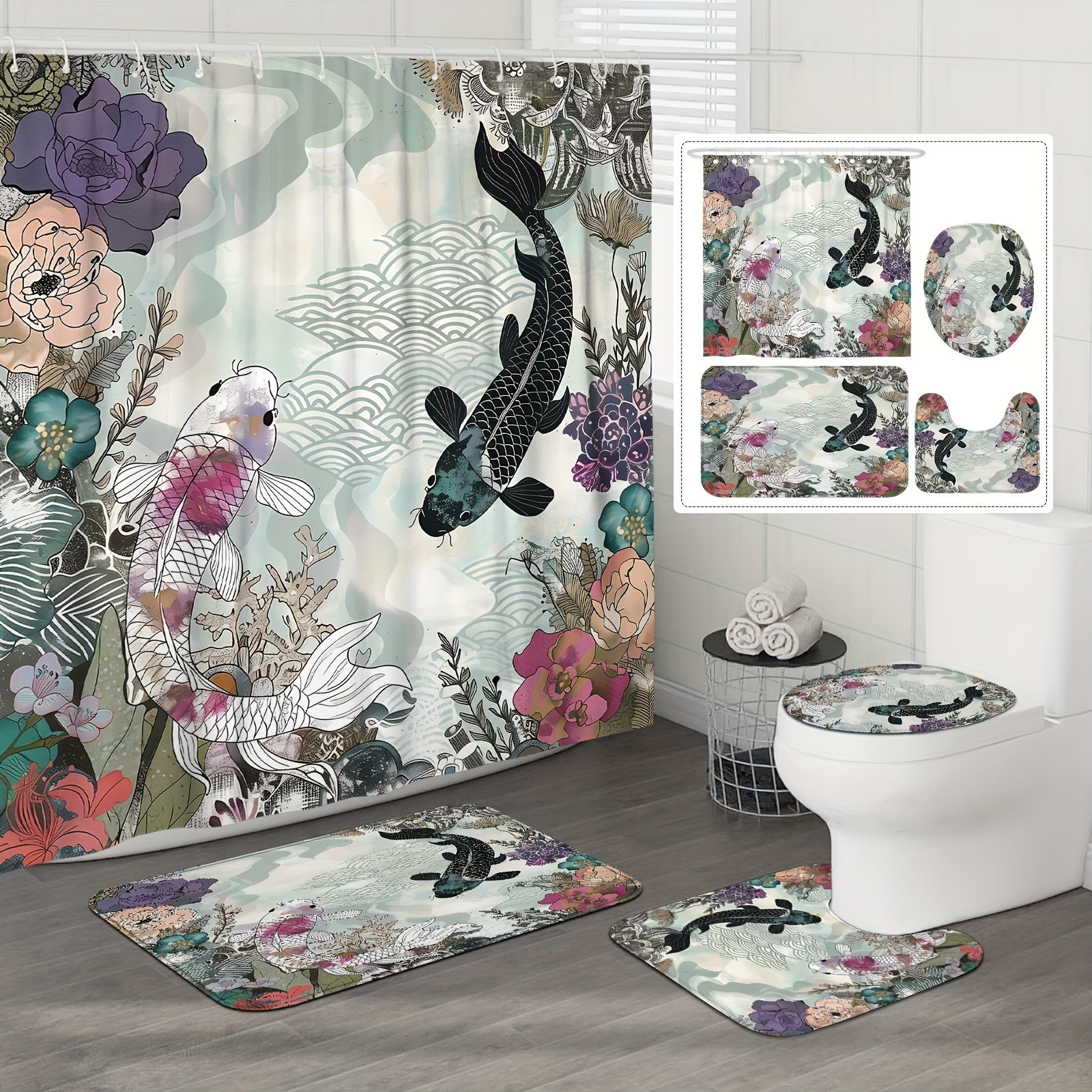 

Koi Fish Floral Botanical Shower Curtain Set With 12 Hooks, Waterproof Polyester Ocean Themed Bath & Toilet Mat, Non-slip, Water-resistant, Machine Washable, Asian Style Bathroom Decor