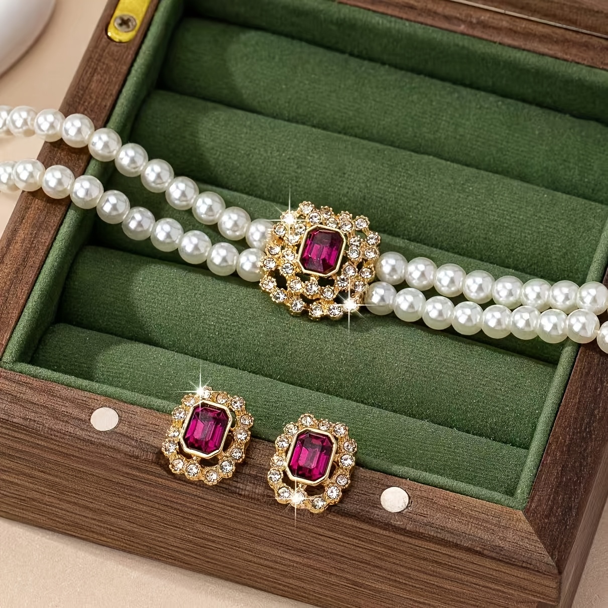 TEMU A Set Of Fashionable, Luxurious, Elegant, And Sophisticated Double-row Square Necklace And Stud Earrings