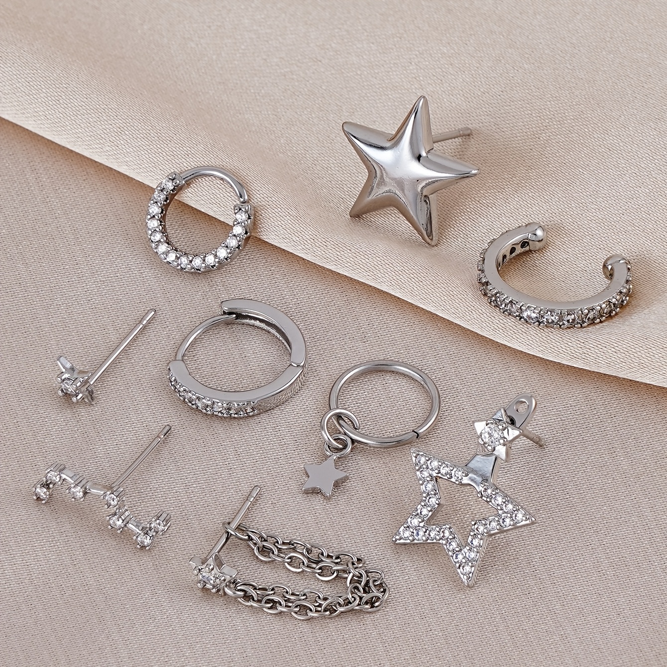 TEMU 9pcs Cyspzmd Women's Hip Hop Big Earrings - 9pcs Five-pointed Star & Ursa Major/ Studs, Synthetic Synthetic Zirconia Jewelry Suitable For Daily