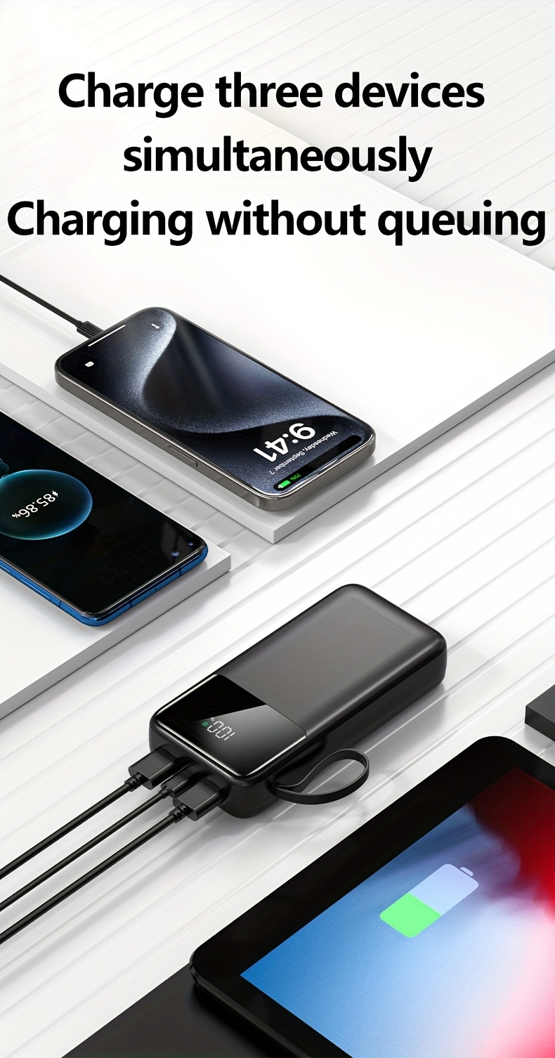 20000mAh Power Bank with LED Battery Display, Dual Outputs, Built-in Lanyard Compact Portable Charger for iPhone 15 Pro/14 Max /13 12 Devices Android (USB, Type-C), Outdoor Emergency Backup