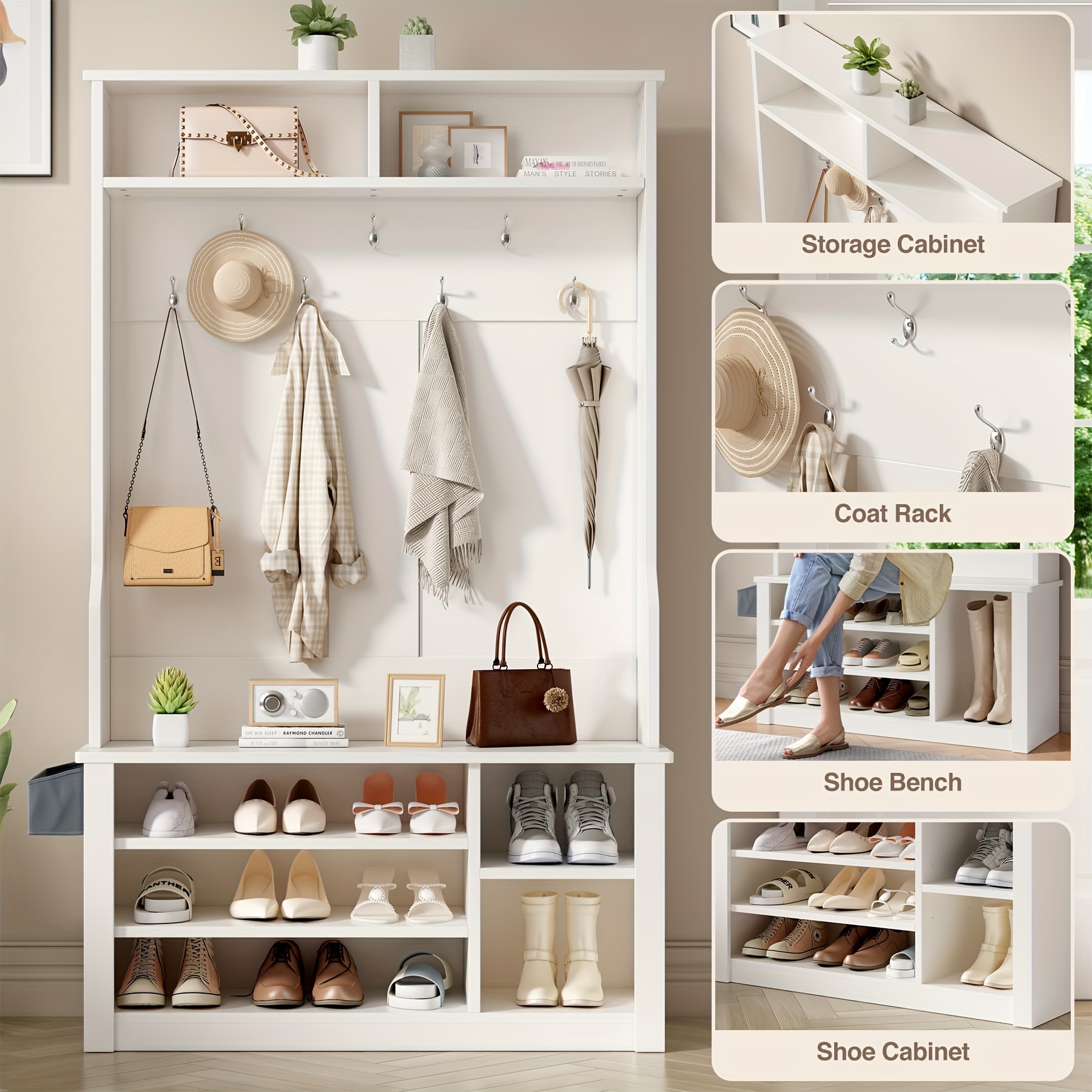 Coat Rack Shoe Bench Set Coat Rack with Shoe Storage, Storage Shoe  Cubbies with Coat Rack, Wall Mount Hall Tree with Adjustable Shelf for