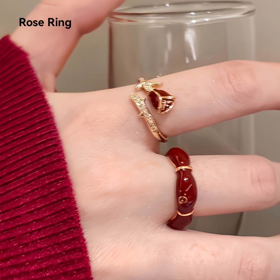 Red Rose Open Ring Adjustable Band October Birthstone Plastic Jewelry