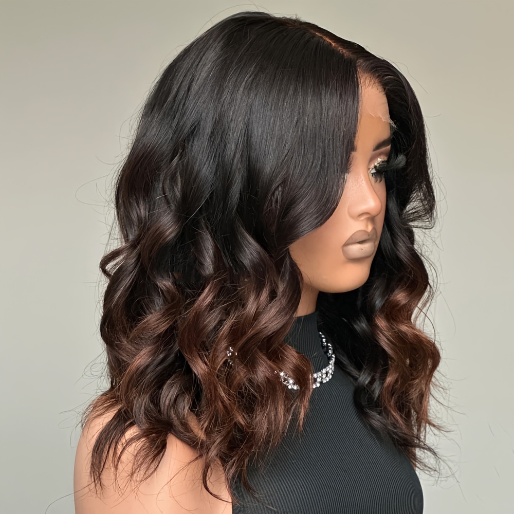Ombre Brown Human Hair Wigs Layered Cut Curly Wave Wigs Human Hair Wig with Baby Hair 4x4 Lace Closure Wigs Human Hair Transparent Lace Closure Human Hair Wig Deep Curly Summer Wig Brazilian Hair 22 24Inch Pre Plucked Short Wavy Wigs Daily Use