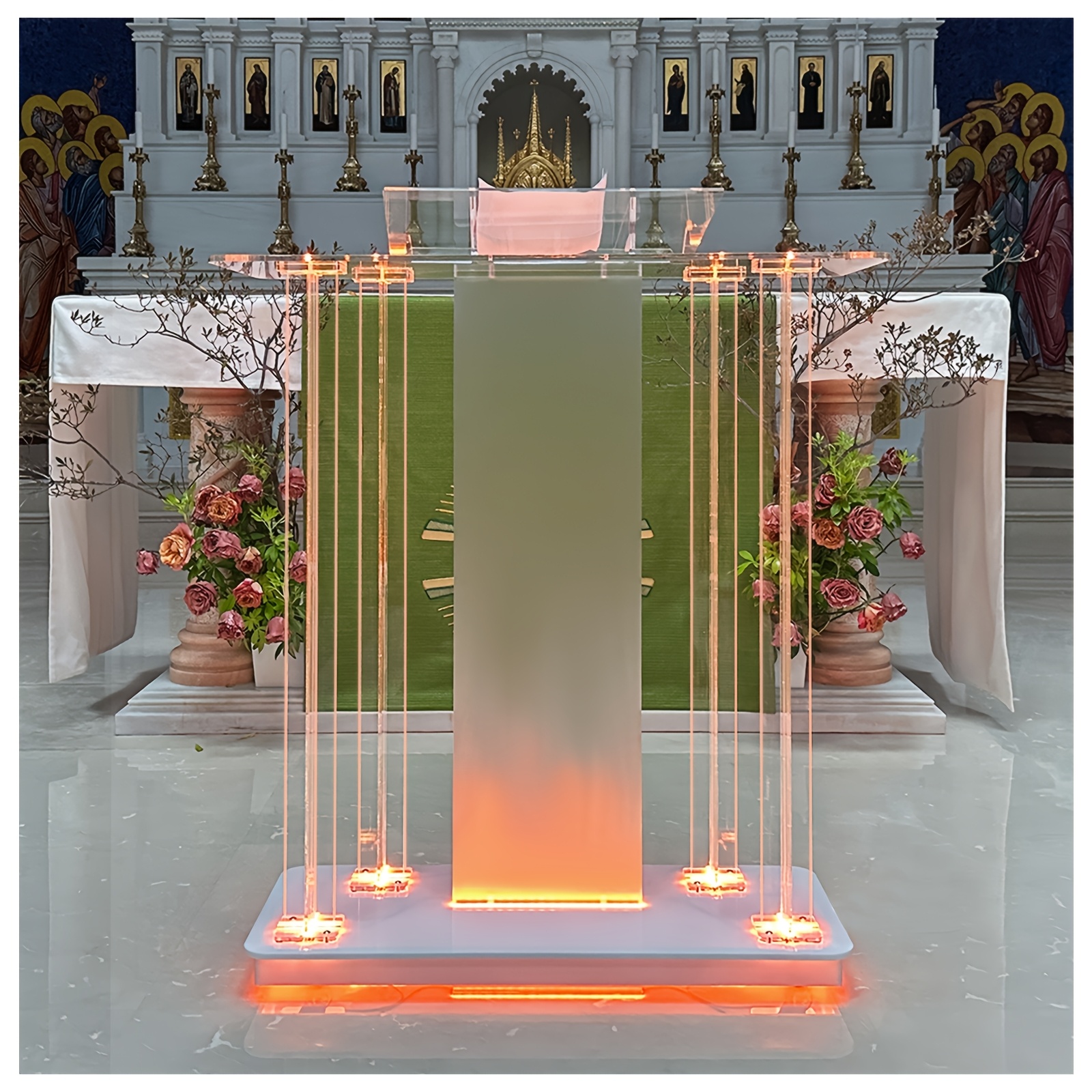 Image of A Church Featuring Podium On Wheels, A Spacious Acrylic Podium Suitable For Church Services, Lectures, Weddings, And Classrooms, Measuring 40 Inches By 17.7 Inches .6 Inches