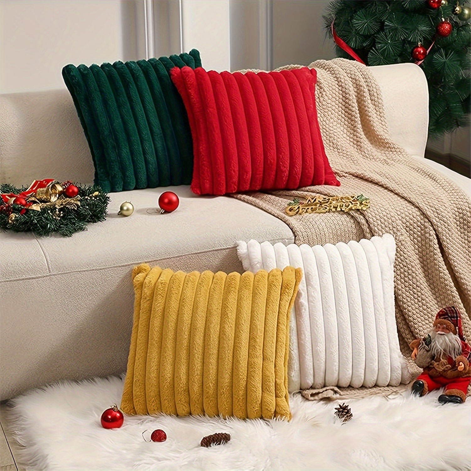 

1pc Fur - Striped Christmas Decor, Fluffy For Sofa & Bed, Zip ,