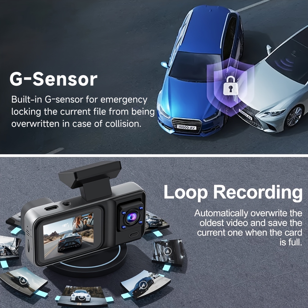 dashcam de voiture avec double   1080p+720p    , wdr, détection de mouvement,   140°, enregistrement  , surveillance de stationnement, carte 32 go optionnelle 4