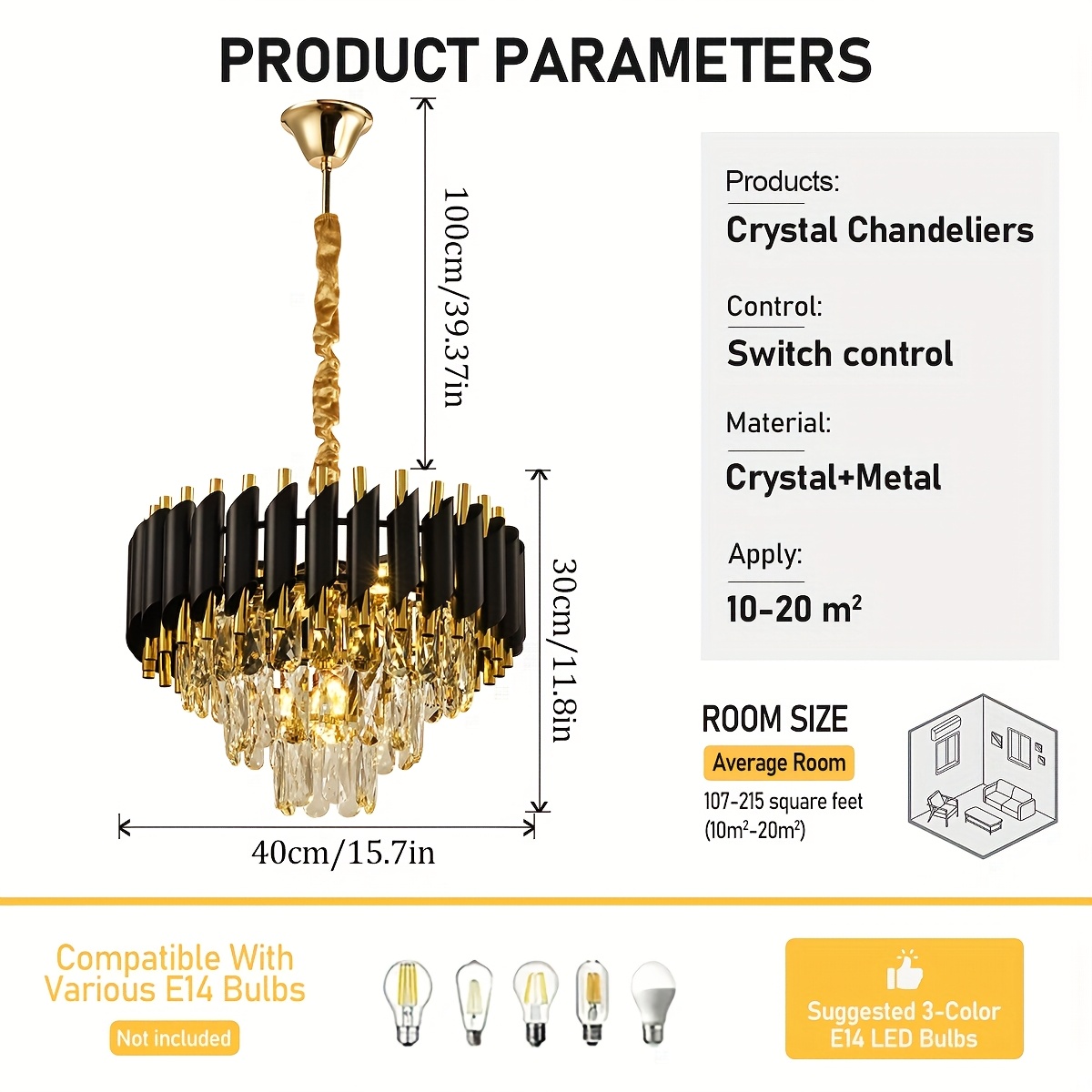 TEMU Modern Crystal Chandeliers, Ceiling Chandeliers, Black And Golden Round Chandeliers, K9 Restaurant Crystal Chandeliers, Semi- Ceiling Lights,