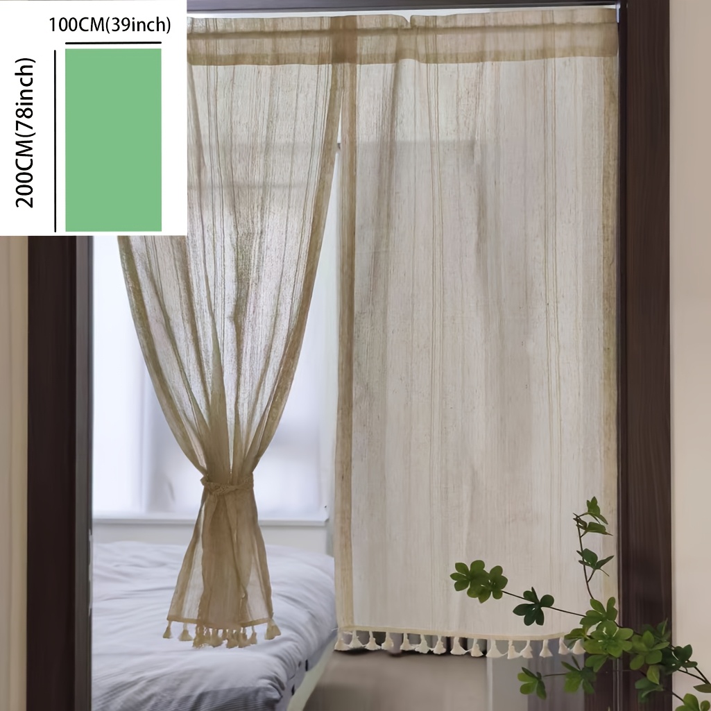 TEMU 2pcs Vintage Japanese-style Linen-look Polyester Partition Curtains - Protection Semi-transparent Striped Rod For Kitchen, Bathroom, Entryway -
