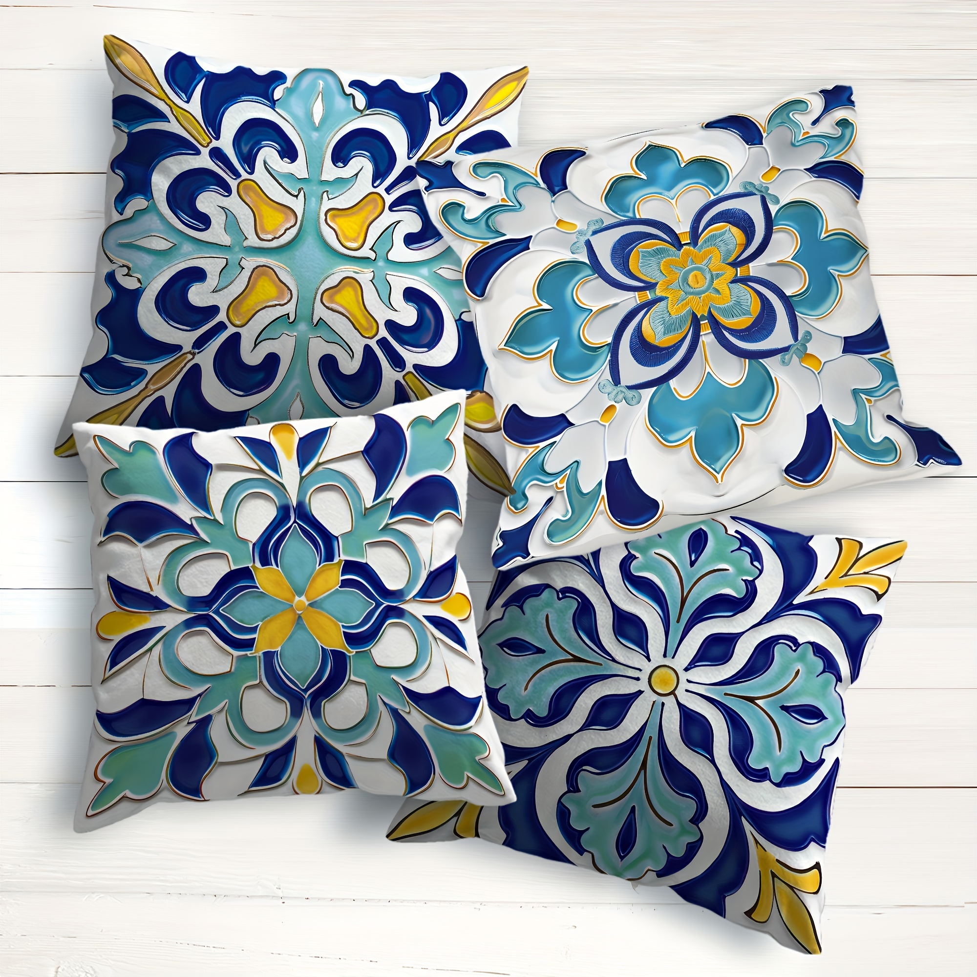 

Set Of 4 Boho Floral Waterproof Throw Pillow Covers, Teal & White - Decorative Outdoor Cushion Cases For Patio Furniture, Sofa, And Garden Decor, Zip Closure, Hand Wash Only