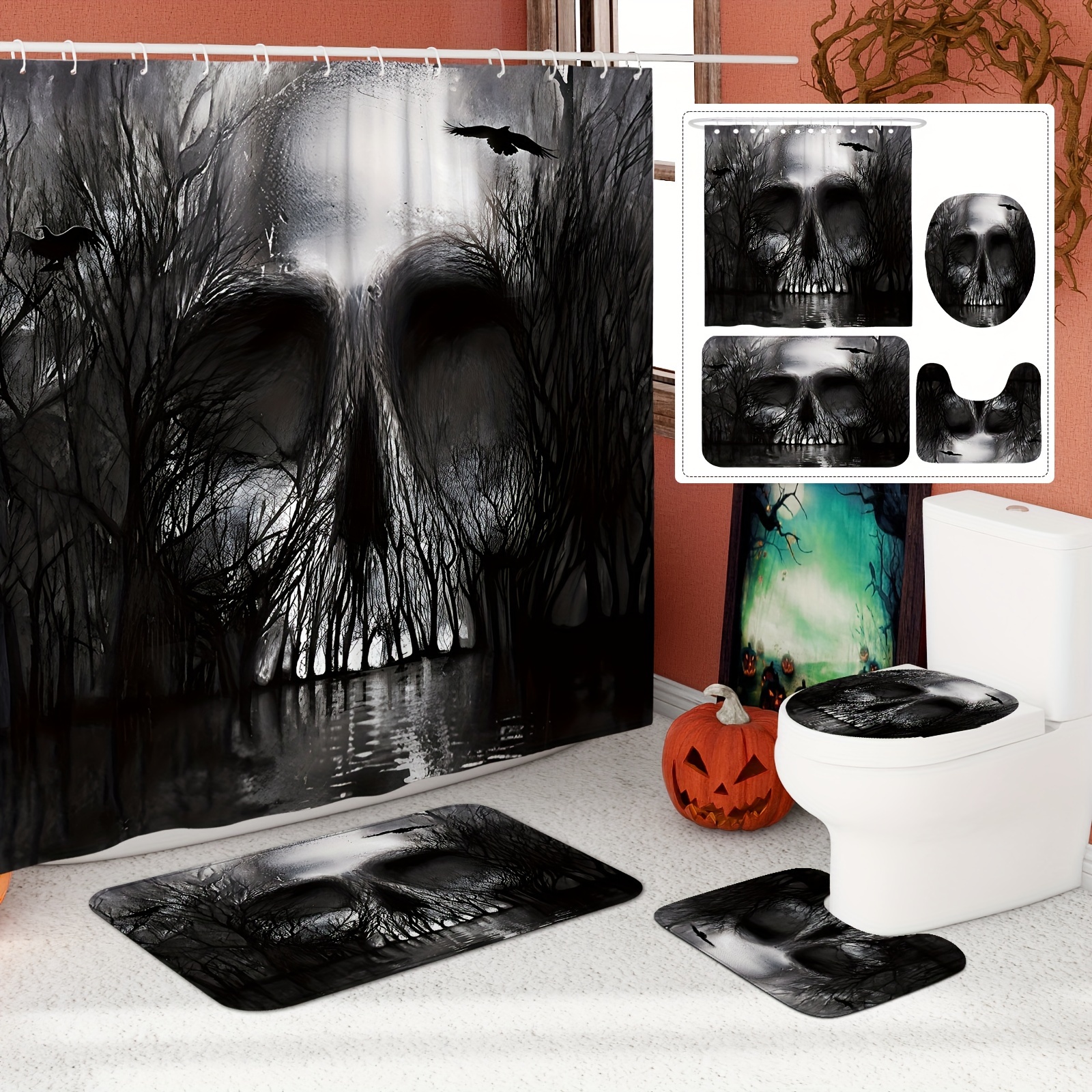 

& Crow Shower Curtain Set - 1/4pcs Includes Waterproof Polyester Curtain, Non-slip Bath Mat, U-shaped Toilet Lid Cover & 12 Hooks - Spooky Gothic Black & White Bath Decor