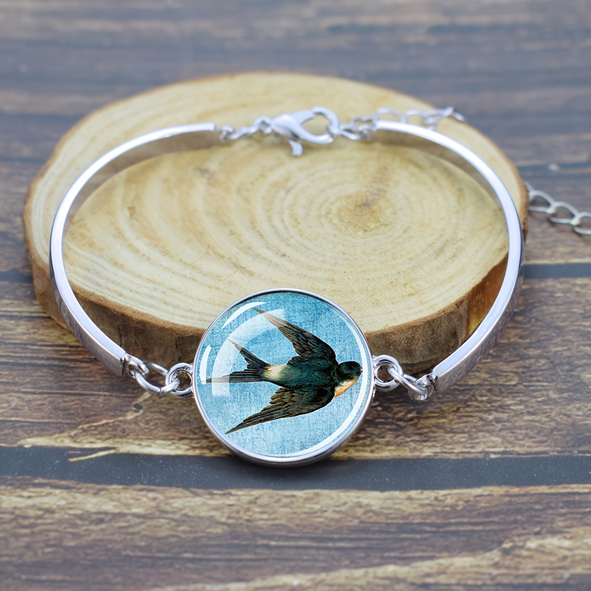 Swallow Bird Glass Dome Bangle Bracelet, Minimalist Design