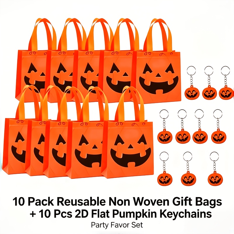 TEMU Gift For Her/him Tote Bag Packs Halloween Reusable Non-woven Pumpkin Tote Bags With 2d Flat Pumpkin Keychains Wedding Birthday Party Favor Set