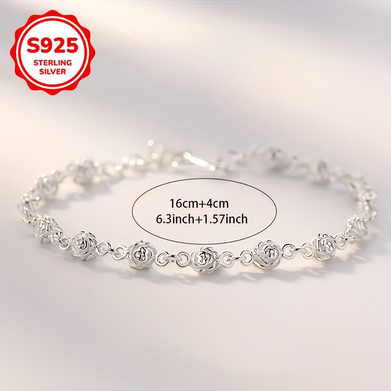 S925 Sterling Silver Rose Bracelet for Women, Adjustable Clasp