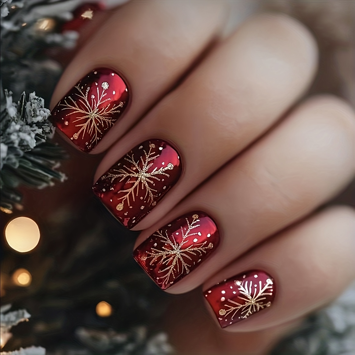 Image of 24pcs Red And Golden Holiday Press On Nails - Glossy Christmas Short Square Nails With Sparkling Firework Patterns, Perfect For Party, Gift, And New Year Celebration