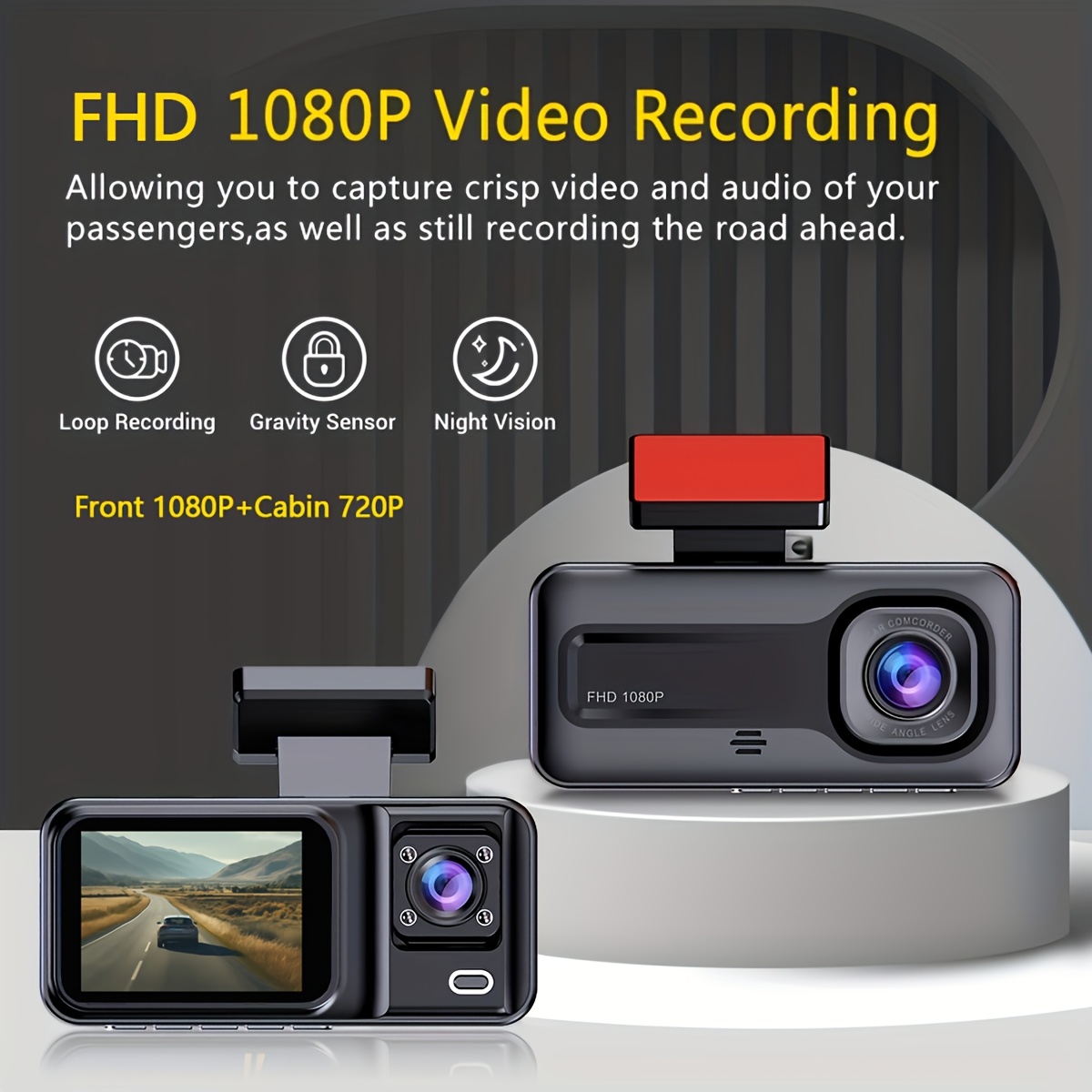 Dual Lens Dash Cam, FHD 1080P Front, 720P Inside, Night Vision, G-Sensor, Loop Recording, Parking Monitor for Car