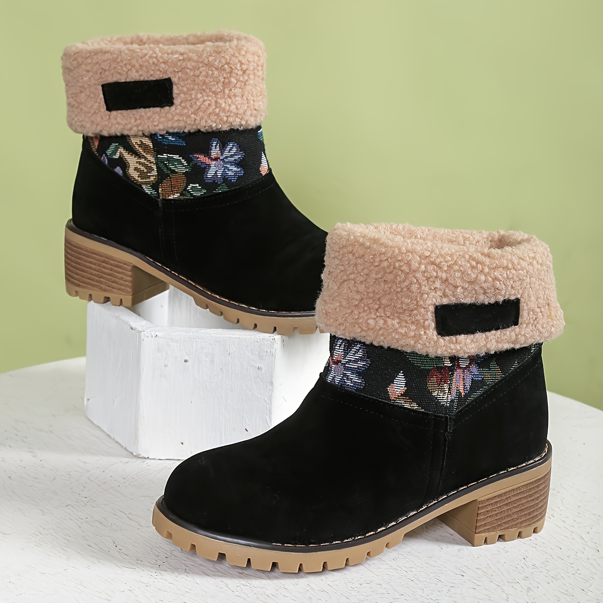 

Women's Casual Mid-calf Boots With Chunky Heel, Plush Faux Fur , Winter Sole, Floral Pattern, Hand Washable, One-piece Slip-on Design