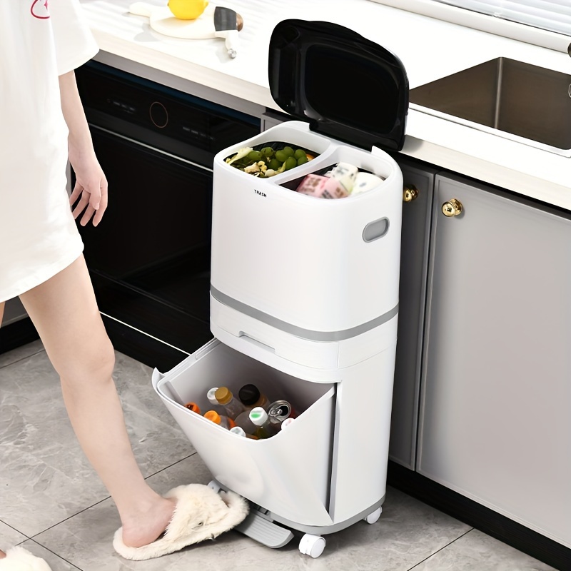 

42l Large Dual-compartment Trash Can With Foot Pedal - Durable, Easy-clean Plastic Bin With Dry/wet Separation, Secure Lid For Home & Kitchen