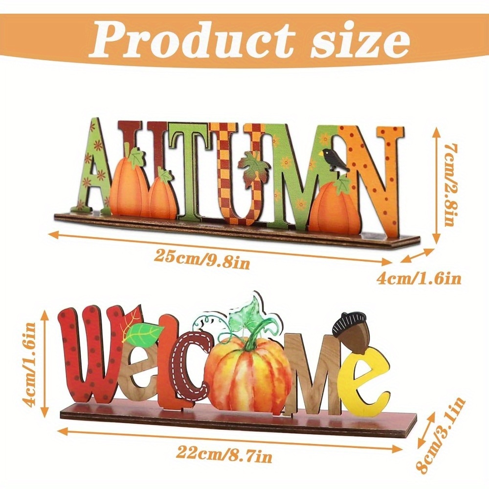 TEMU 2pcs Rustic Wooden Fall Welcome Signs With Pumpkin & Leaf Cutouts - "welcome To " & "autumn" Letter Decorations, Harvest Thanksgiving Table