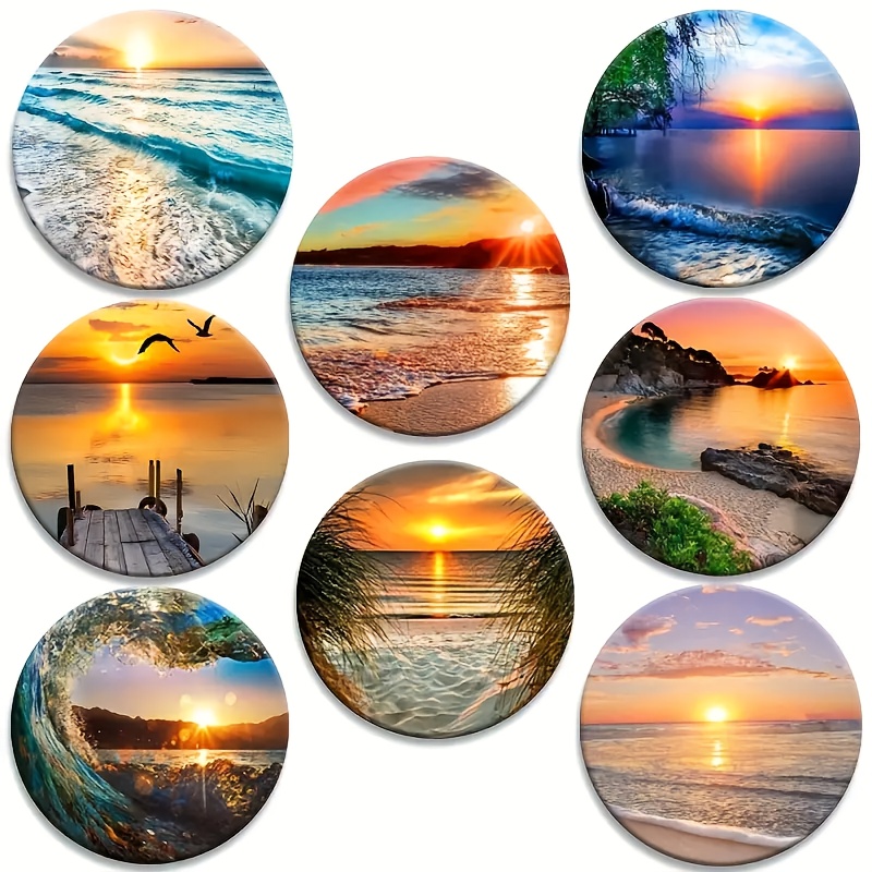 

8pcs Wooden Coaster Set With Beach Scenery Design, Round Coasters For Tea, Coffee, Drinks, Home And Restaurant Decoration, Perfect As Holiday Gifts